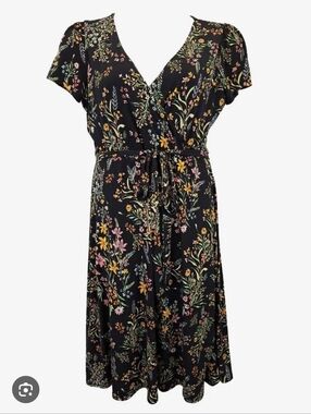 Rachel Zoe Black Floral Wrap Midi Dress with Pink & Yellow Blooms